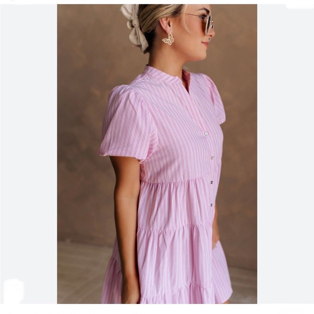 She + Sky Pink & White Stripe Puff Sleeve Mini Sundress Size Small V Neckline - Picture 9 of 12